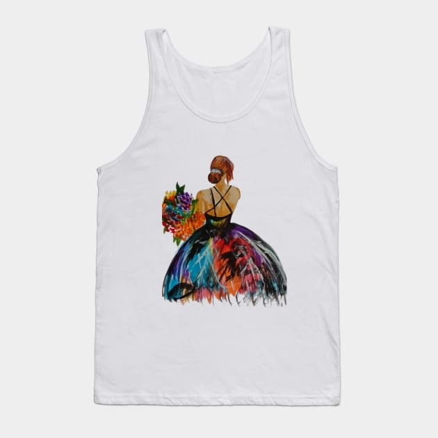 Girl with Bouquet: Radiant Elegance Tank Top by Art By Anam